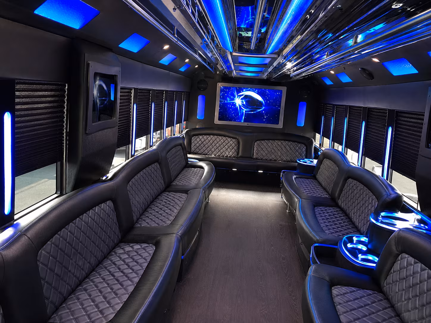 Wedding guests seated inside a party bus serving Orlando